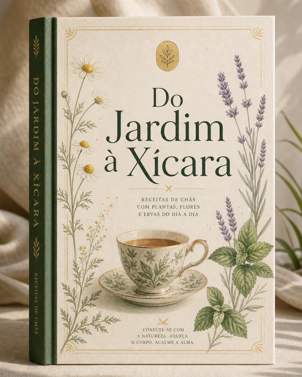 Capa do e-book Do Jardim à Xícara, com ilustrações botânicas de camomila, lavanda e hortelã ao redor de uma xícara de chá